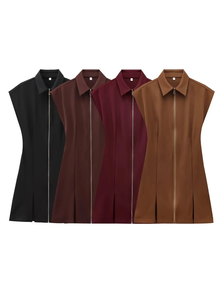 

OUROPEAN ZTATION 2025 Summer New Female Sophisticated Turn-down Collar Mini Skirt Dress Classic Woman Sleeveless Dresses zipper