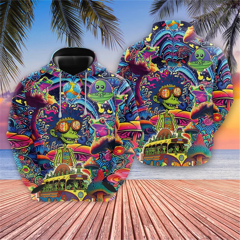Harajuku Fashion Alien Graphic Sweatshirts Trippy Mushroom Y2k Hoodies For Men Clothes Cartoon Boy Pullovers Hip Hop UFO Hoody