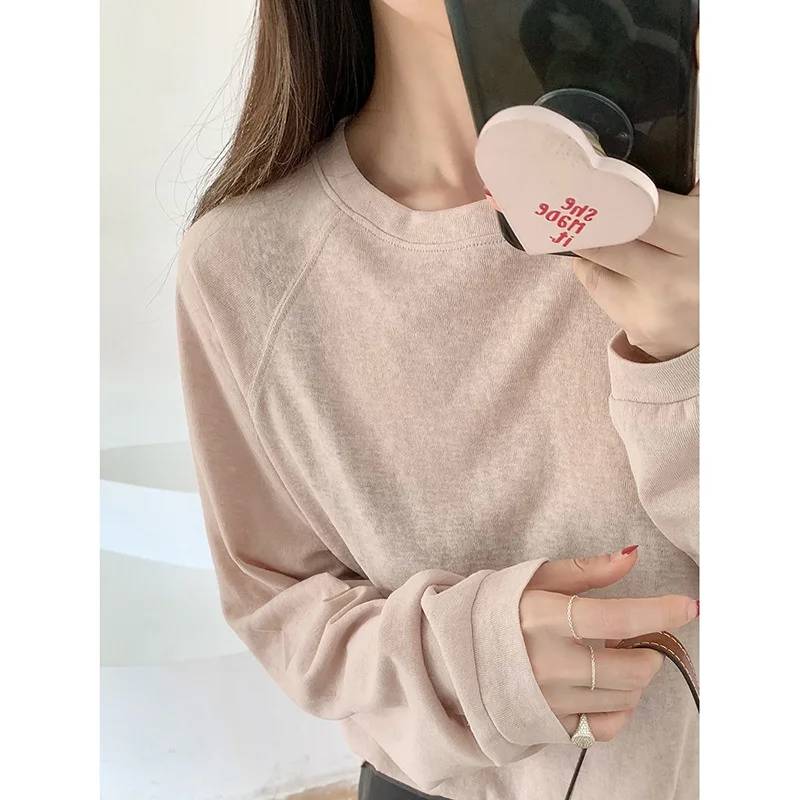 Loose Long Sleeve round Neck T-Shirt Women's Basic  Color Snowflake Cotton Spring Autumn New Style under Shirt Top
