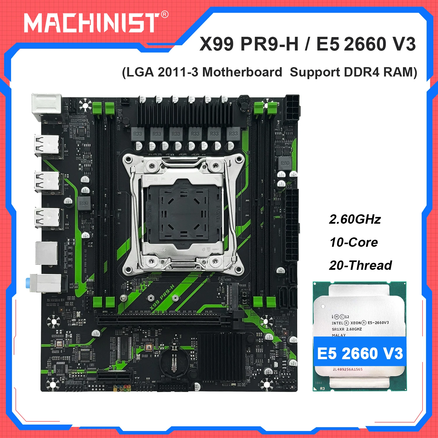 Комплект материнской платы MACHINIST X99 с процессором Intel Xeon E5 2660 V3, LGA 2011-3, поддержка DDR4, двухканальная ОЗУ NVME/SATA M.2 PR9-H