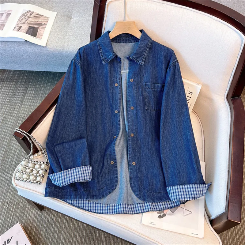 

Dark Blue Denim Shirt Jacket Women Spring Autumn Loose Casual Lapel Single-Breasted Plaid Long Sleeve Cowboy Outwear Streetwear