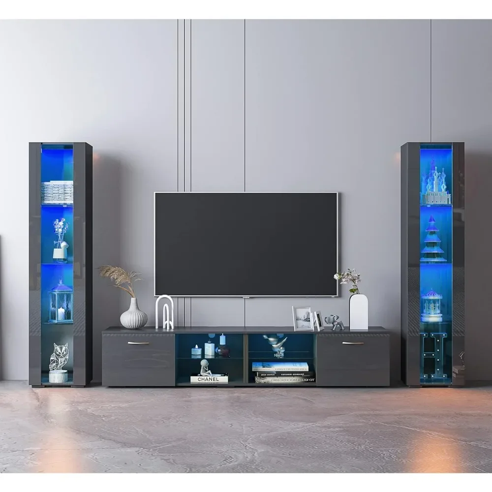 Display Cabinet, 67 Inch LED Sideboard UV High Glossy Front Buffet Cabinet with Storage 4 Tier Tall Buffet Table Bar Cabinet