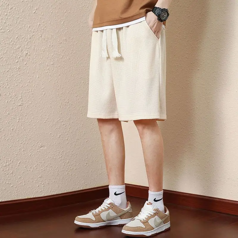 Summer Fashion Versatile Waffle Loose Casual Shorts Men Solid Elastic Waist Drawstring Pocket Breathable Thin Sport Short Pants