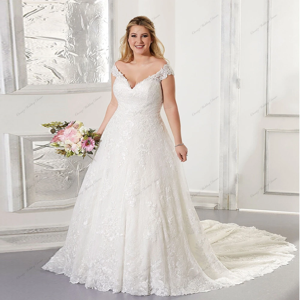 Plus Size Wedding Dresses with Lace Off Shoulder Sleeveless Bridal Gowns for Women Sweep Train A Line Vestidos De Novia Summer