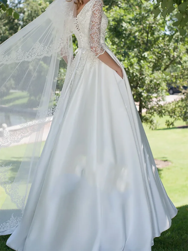 Elegant V คอ Appliquins ลูกไม้ครึ่งแขน A-Line ชุดเจ้าสาวชุดเจ้าสาวที่กําหนดเอง