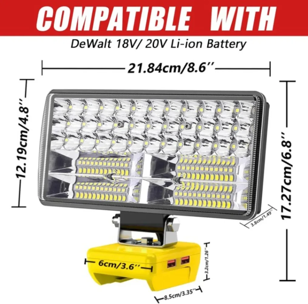 6000 LM 38W Cordless LED Work Light Compatible with DeWalt 20V Battery 2.1A USB Portable Flashlight LED Flood Light with 2 Modes