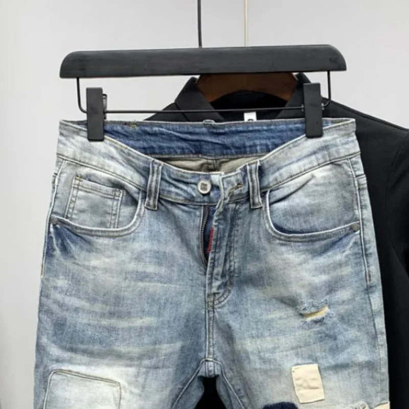 Male Denim Shorts with Pockets Blue Men\'s Short Jeans Pants Ripped Spliced New in Jorts Harajuku Korean Fashion Cowboy Thin Y2k