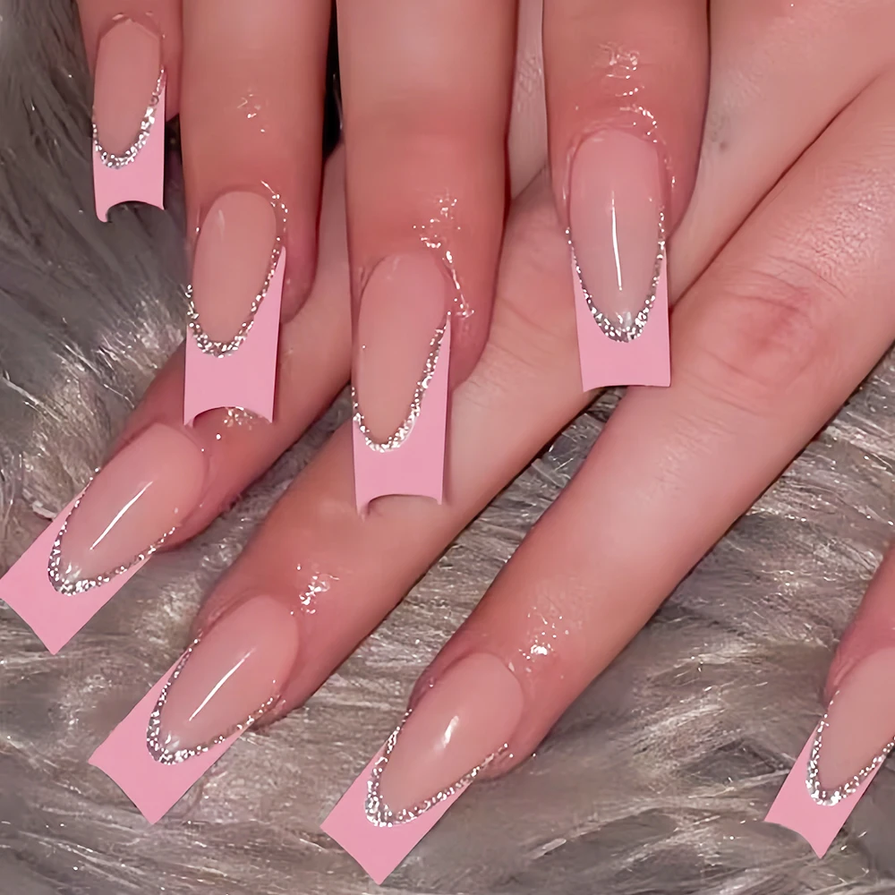 

24Pcs Glitter Long Ballet Pink French False Nails Sparkly Heart Love Acrylic Press on nails Full Cover Pink Wearable Fake Nails#