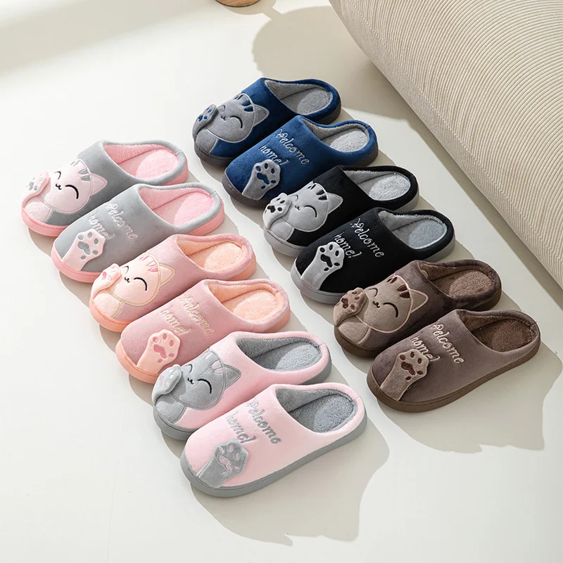 New Couple Winter Home Slippers Women Shoe Cute Cartoon Cat Slippers Men Warm Plush Slides Indoor Bedroom Non-Slip Floor Slipper