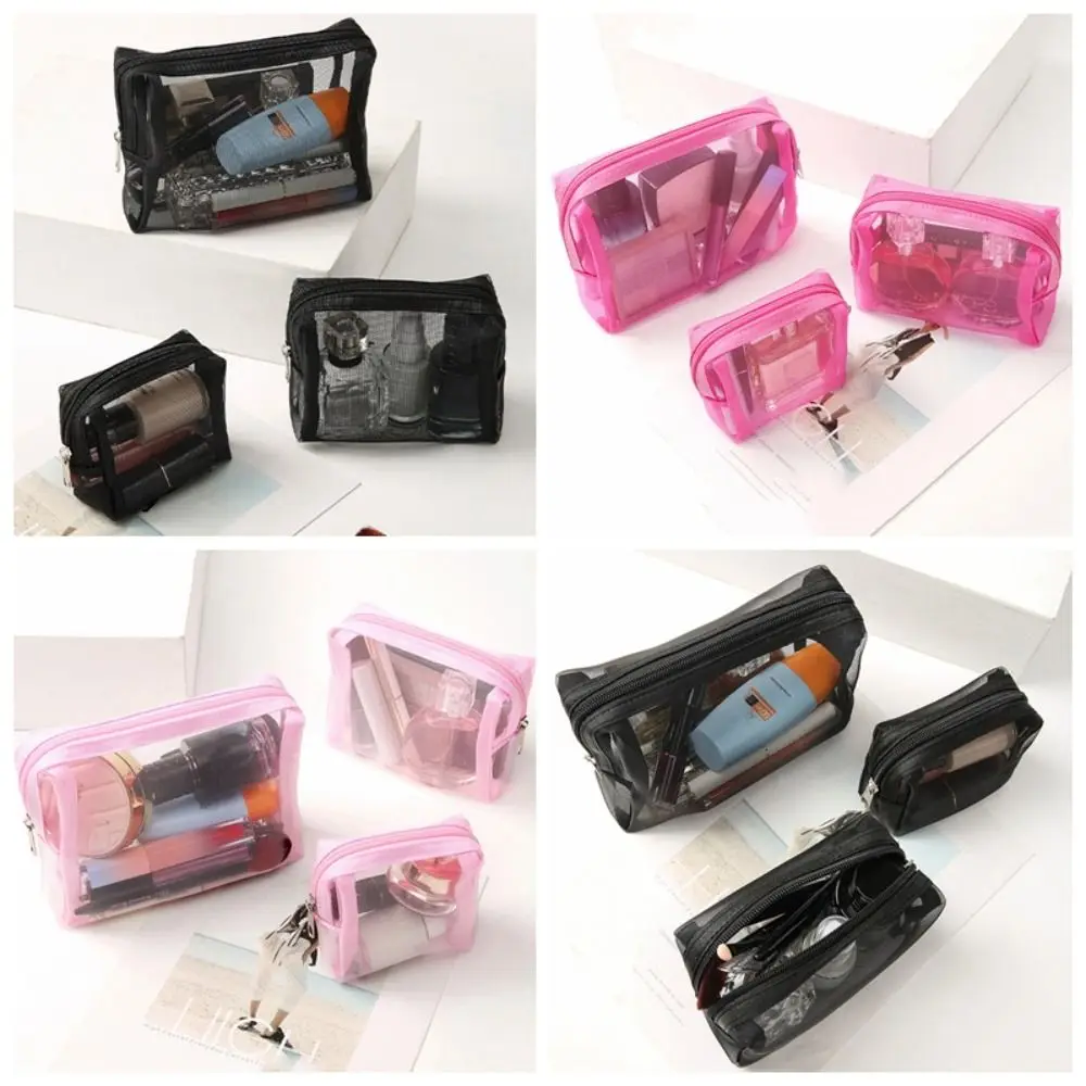 

Solid Color Mesh Cosmetic Bag Large Capacity Storage Bag Transparent Makeup Bag Organizer Case Toiletry Bag for 3Pcs/Set