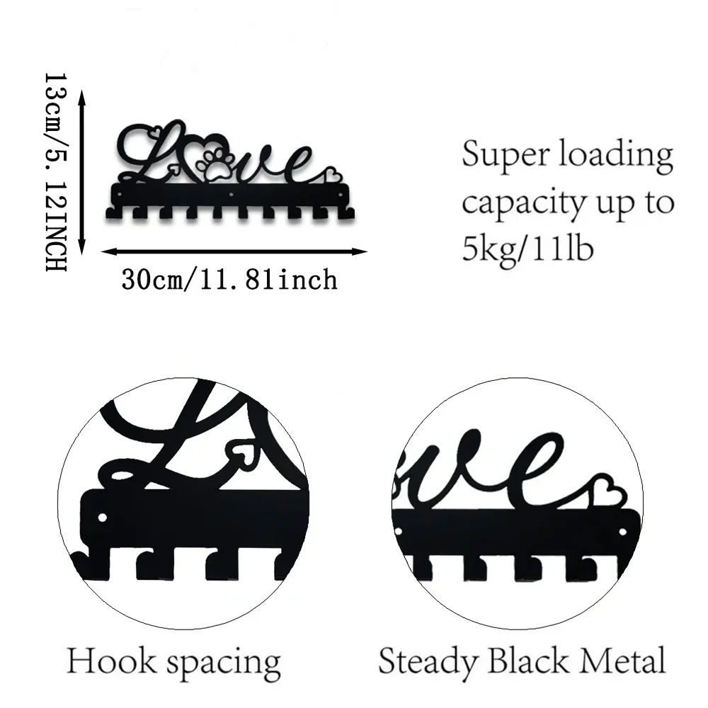 1pc Iron Wall Mounted Hooks Decorative Hook Organizer Rack for Towel Bag Keys Caps Home Love Metal Key Holder 10 Hooks Black