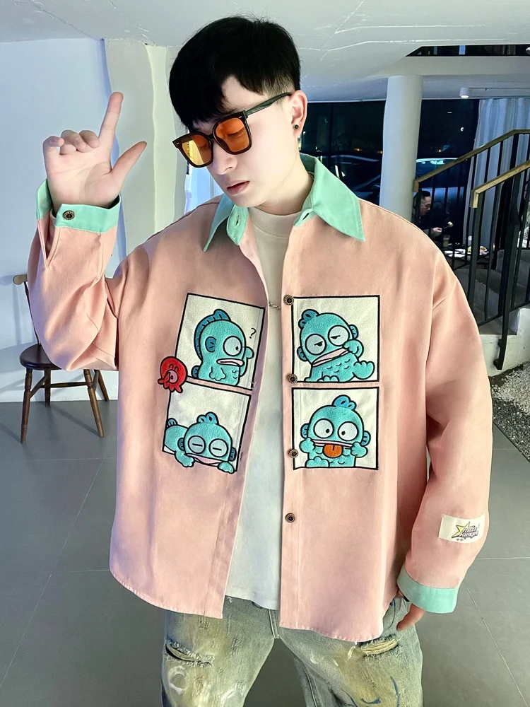 

Cartoon Clownfi Embroidered Long Sve irt Loose Fit ex Spring Autumn American Sle Versatile Couple's Faion Brand