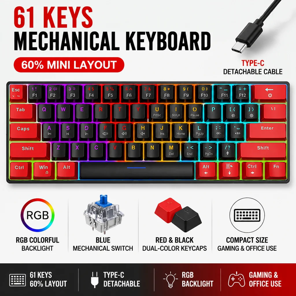HXSJ Gaming Keyboard with 61 keys, anti-fading key caps, ergonomic design.Hot Swappable  keyboard suitable for PC, laptops