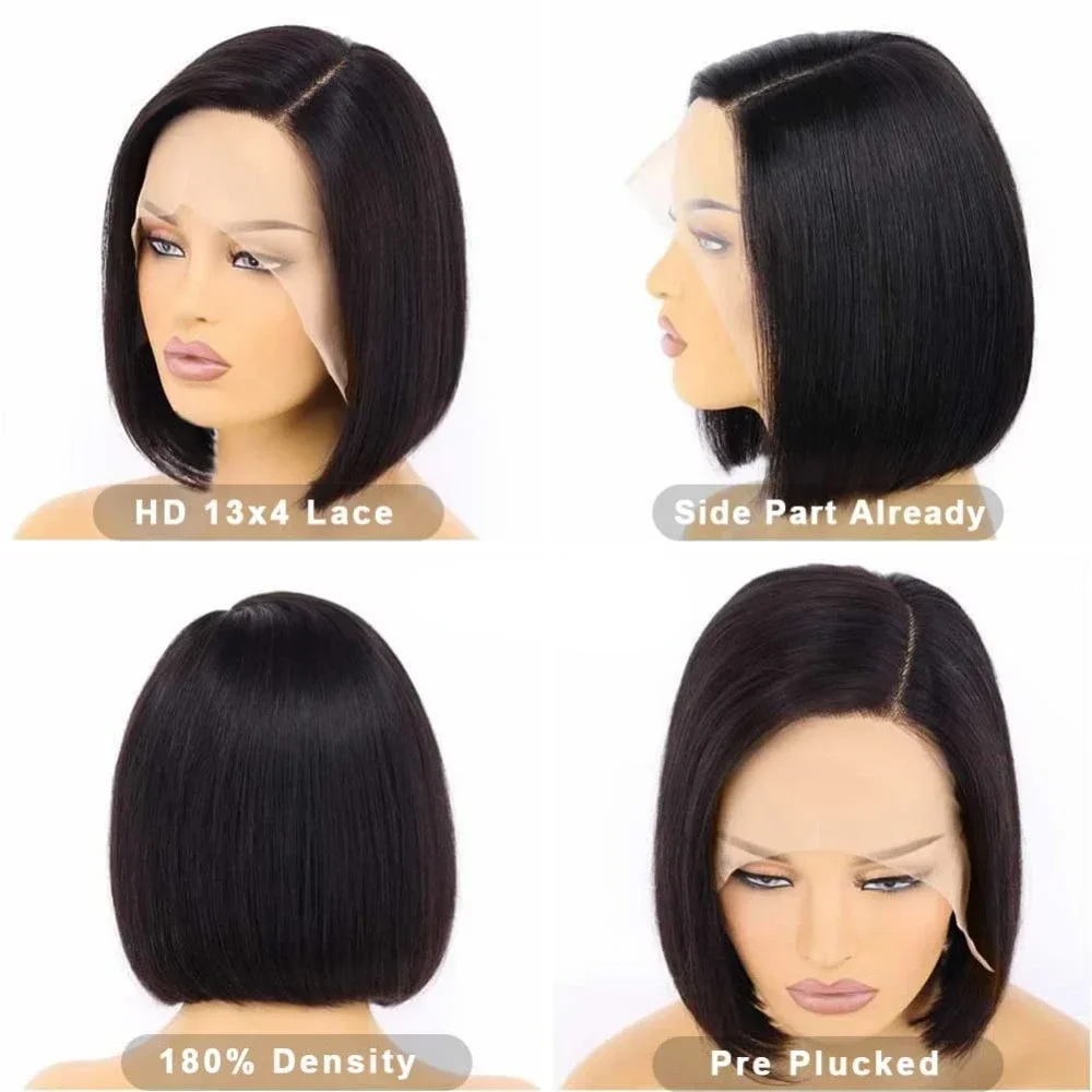 Straight HD Lace Bob Wig para mulheres negras, cabelo humano, perucas dianteiras do laço, 180% Densidade, 14 ", 13x4