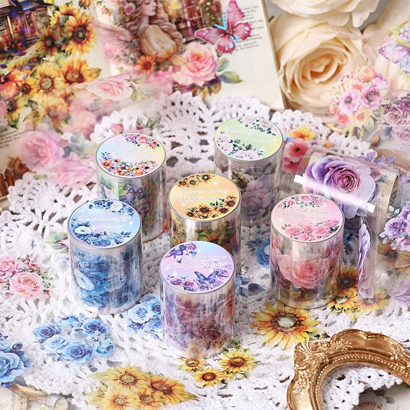 50 mm * 2 m Blumen-Dekor-Bänder für Junk Journal, wasserdichtes PET, DIY, Scrapbooking, Collage, Fotoalbum, Aesth Tapes, Schreibwaren