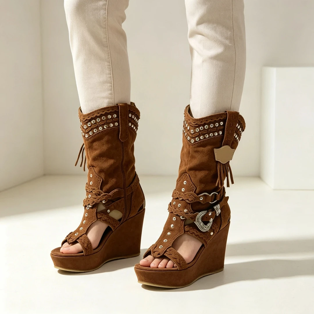Women Round Toe Wedge Heel Cowboy Boots Side Zipper Large Size Pu Leather Elegant Casual Western Cosplay Party Costume Footwear