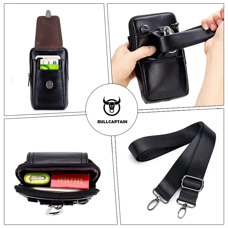 BULLCAPTAIN  Genuine Leather Vintage Waist Packs Men Travel Fanny Pack Belt Bum Shoulder Bag Waist Bag Mobile Phone Pouch