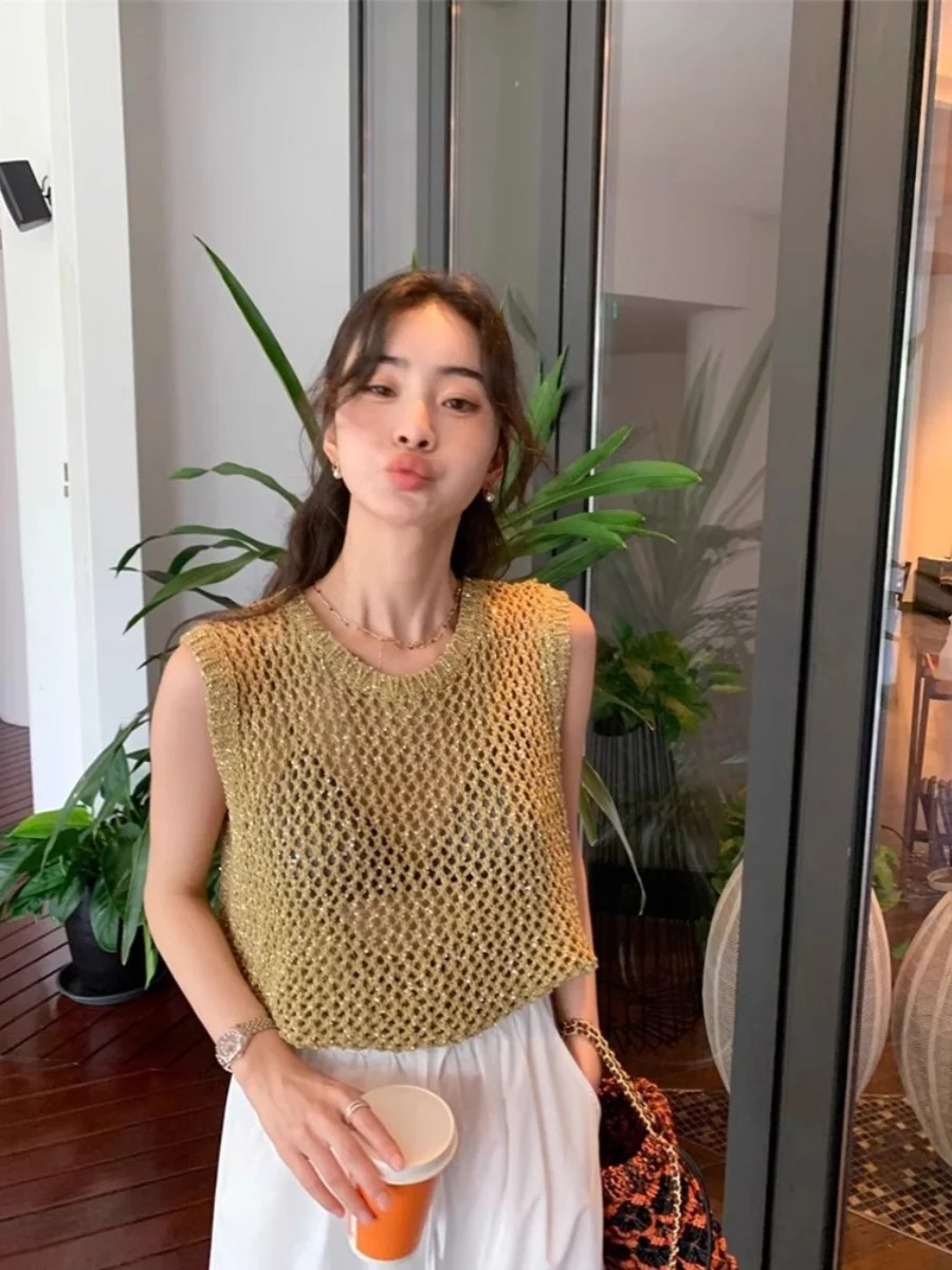 Top lavorato a maglia in seta di ghiaccio sottile scava fuori gilet estivo da donna Svel maglione pullover coreano Sle rotondo Ne di design di fascia alta