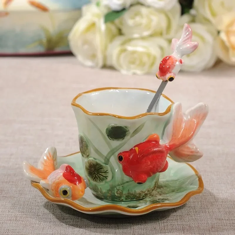 European Ceramic Coffee Cups Underglaze Painted Tea Mugs Goldfish Relief Dessert Dish Exquisite Afternoon Tea Home Gifts