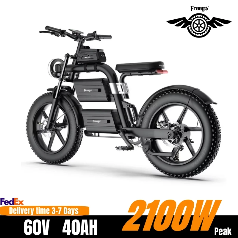 

Freego Electric Motorcycle 60V/40Ah Dual Battery 2100W(Peak) Off Road Mountain Bicycle Adjustable Seat Height Dual Suspension