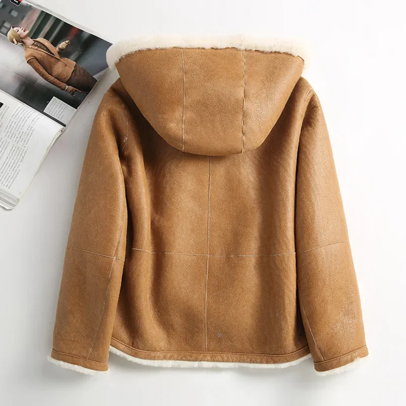 Chaqueta de lana de oveja auténtica para mujer, abrigo Reversible con capucha de doble cara, invierno, 2023