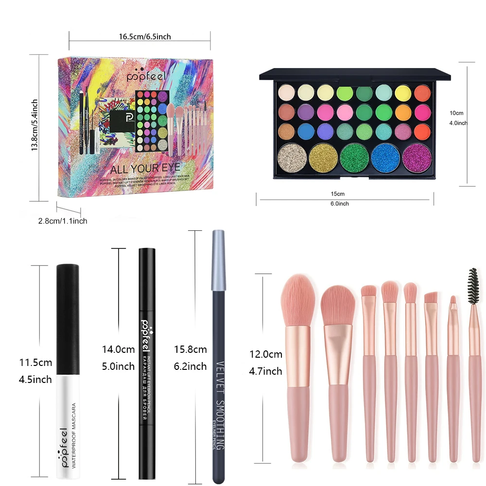 مجموعة مكياج العيون من POPFEEL مكونة من 5 قطع - لوحة ظلال عيون لامعة مكونة من 29 لونًا مع فرشاة مكياج، قلم حواجب، قلم تحديد عيون، ماسكارا. #2