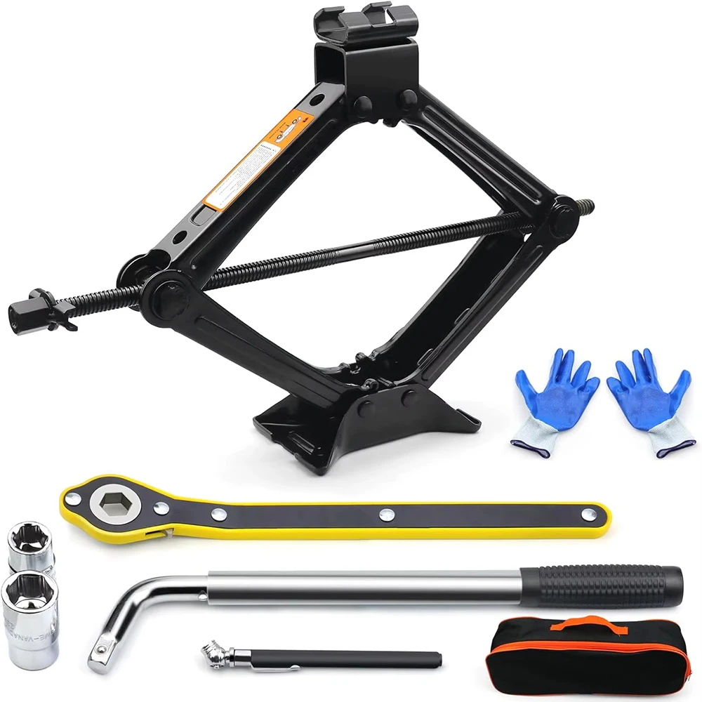 Set di sollevatori per auto da 2 tonnellate con leva per pneumatici, kit di attrezzi universali per emergenze auto con chiave a cavo e martinetto a fo
