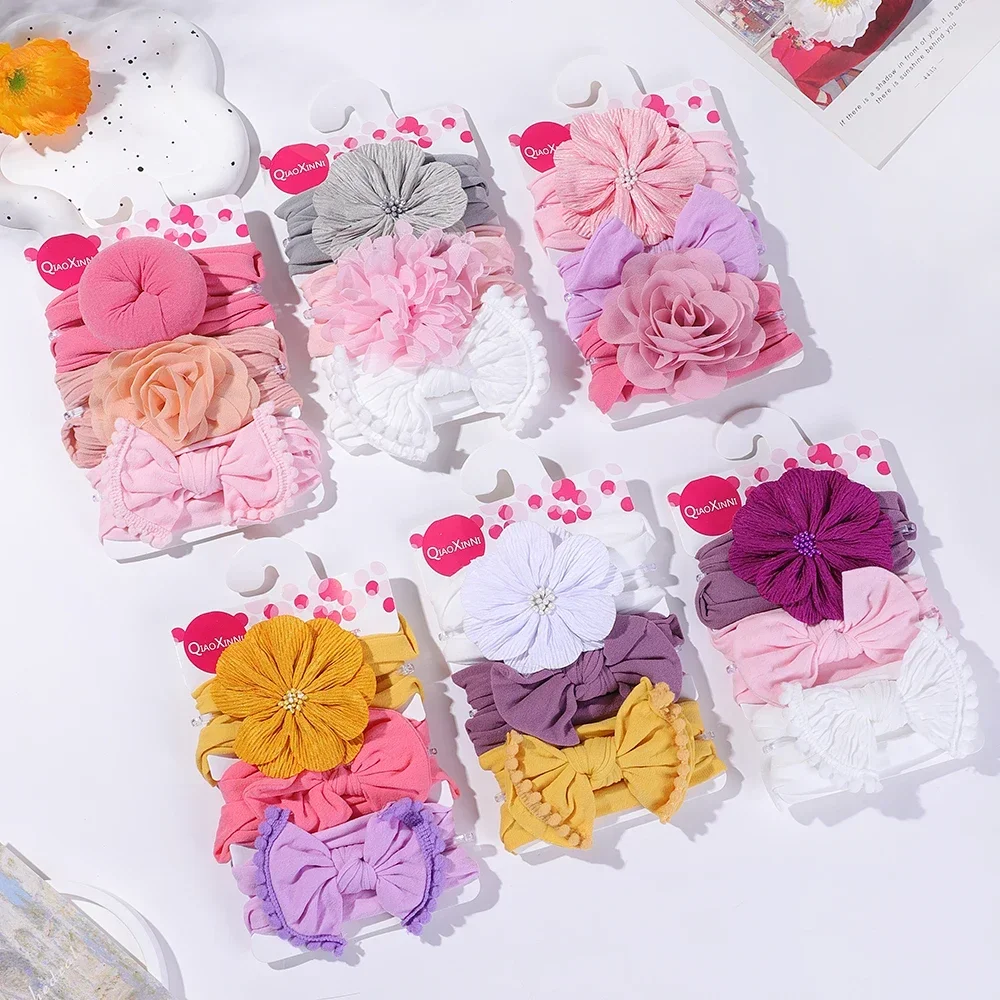 3pcs/set Sweet Multicolor Cotton Big Flower Bowknot Headband Baby GirlsTurban Kids Headwear Hair Accessories Birthday Gift