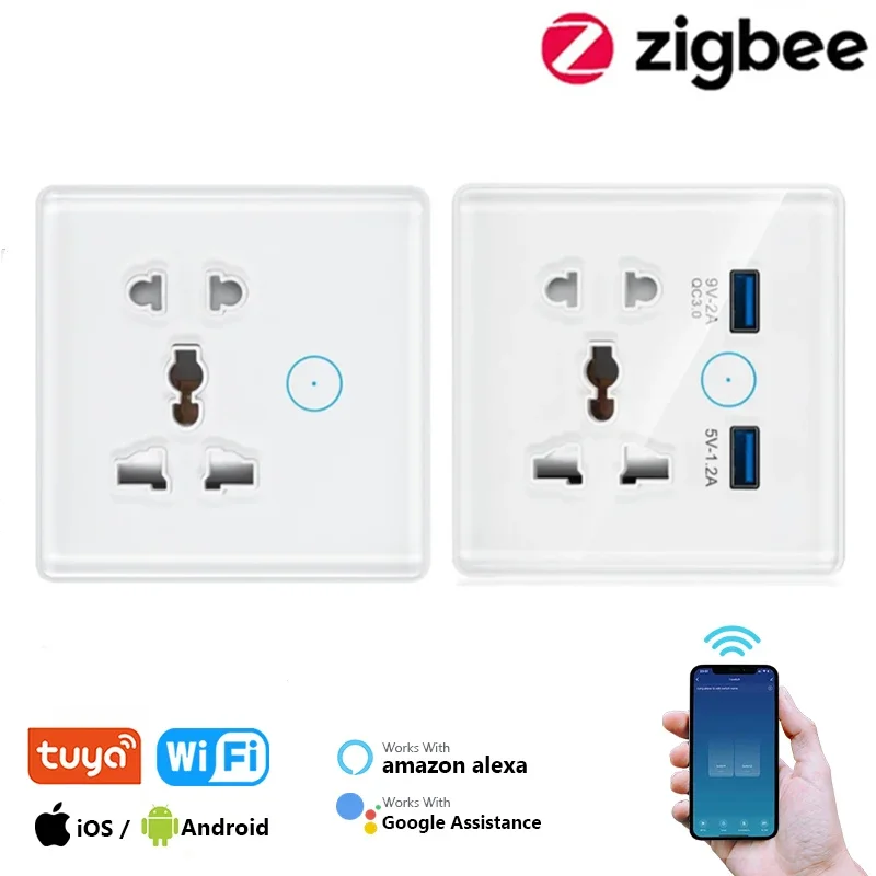 Tuya WiFi Zigbee Universal Wall Smart Socket Multi-function Power Plug Socket 13A USB Charge AC110V-250V With Alexa Google Home