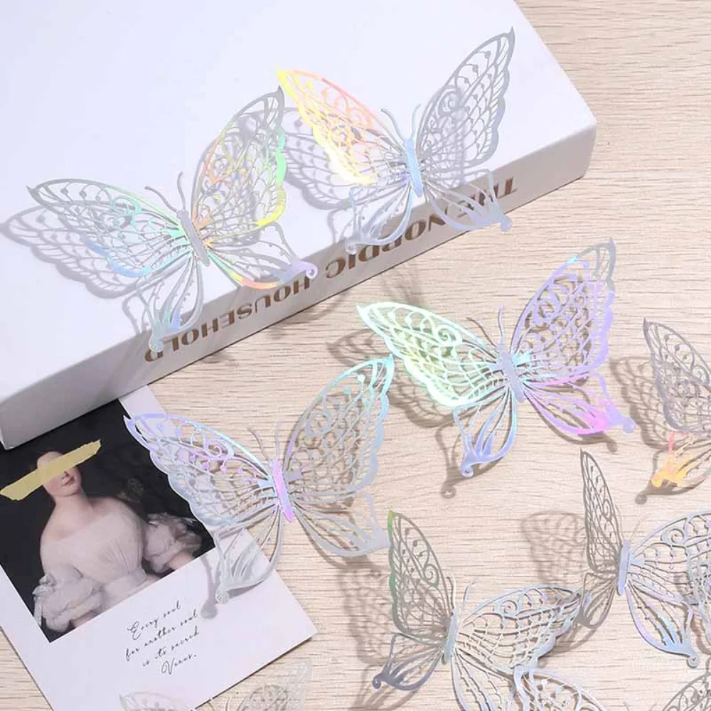 12pcs/set Colorful Hollow Butterfly Sticker Exquisite Paper 3D Butterfly Wall Decor Cartoon 3 Sizes