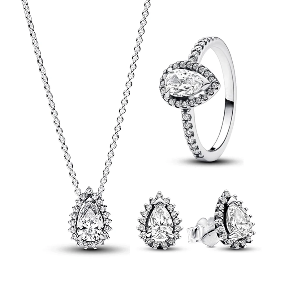 

Очаровательный европейский комплект ювелирных изделий из чистого серебра S925, сверкающая груша, ожерелье-колье с ореолом, серьги-капли, комплект ювелирных изделий