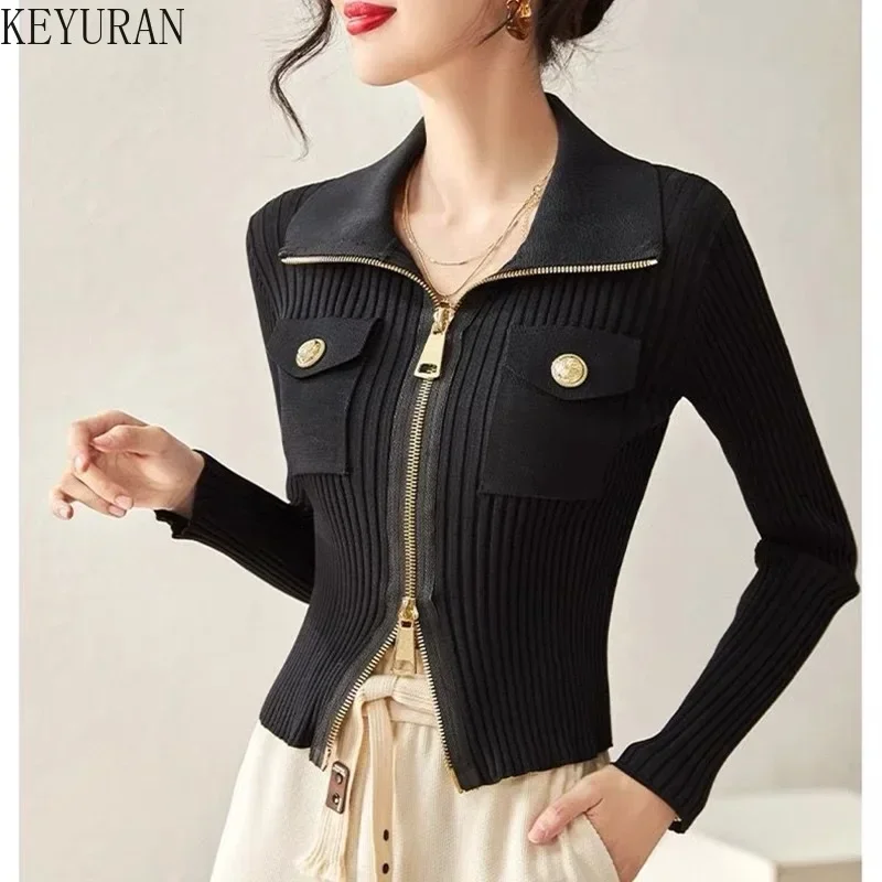 2023 Autumn Black Slim Double Zipper Knitted Cardigan Sweater Coat Women Korean Fashion Pull Femme Knitwear Crop Top Y2k Jumper