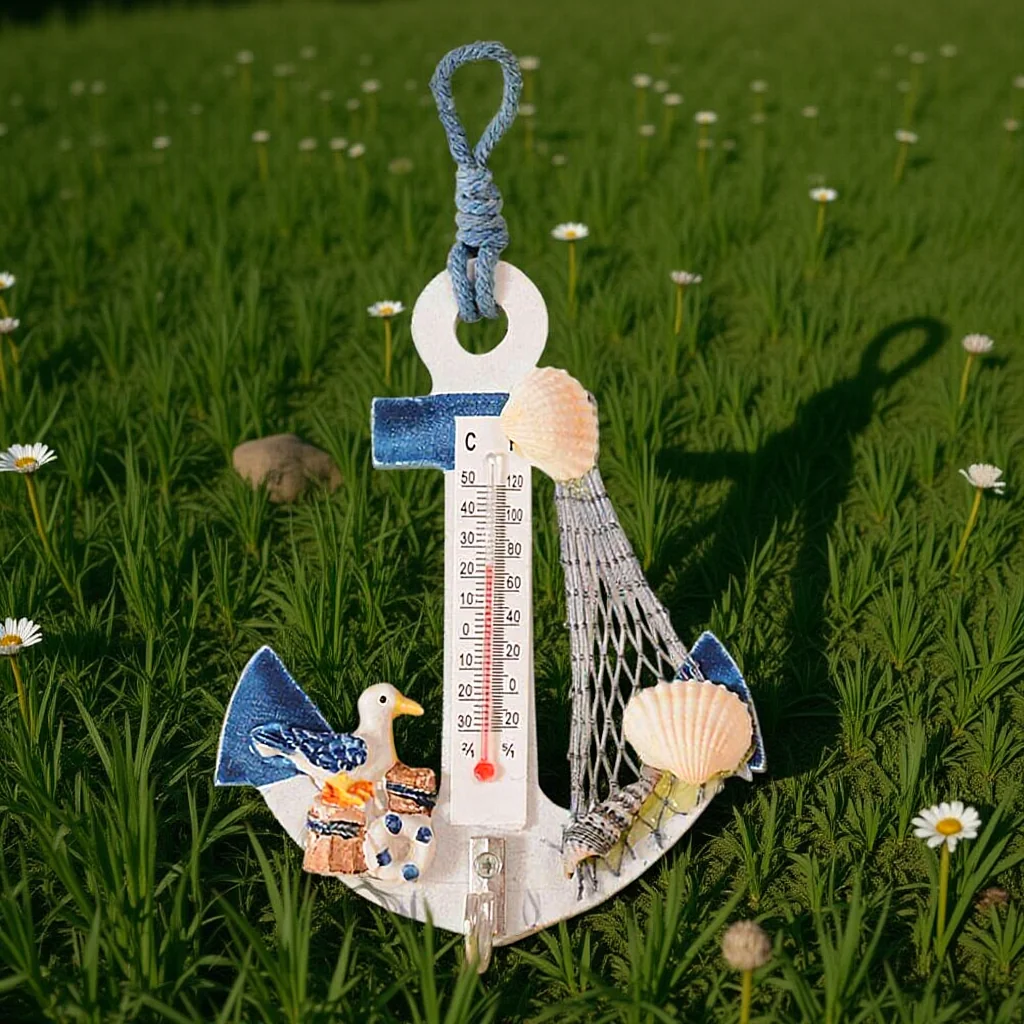 

2Pcs Temperature Gauge Hook Beach Style Hanging Ornaments with Anchor Shell Net Decor for Indoor Outdoor Wall Nautical Theme