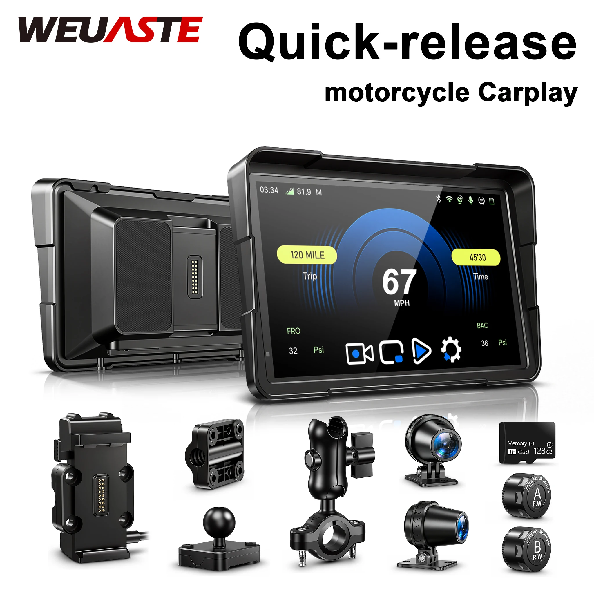WEUASTE 6-7 Zoll Schnellverschluss-Motorrad-GPS-Navigation mit CarPlay und Android, inklusive TPMS und Dual-Kameras für alle Motorradmodelle
