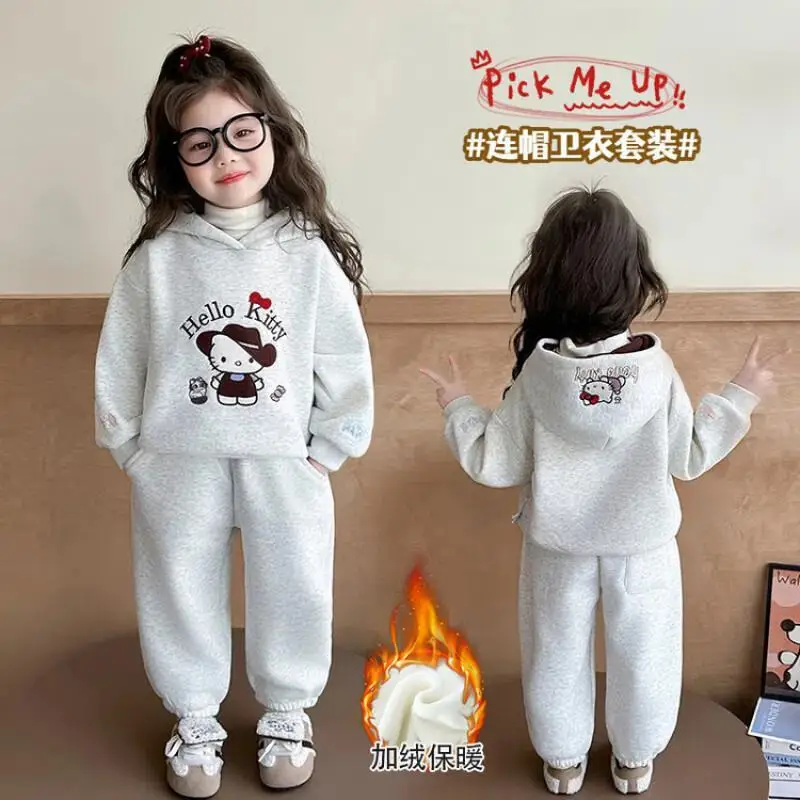 

Sanrio Hello Kitty Girls' Cartoon Hoodie Set Autumn/Winter 2025 New Children's Plush Winter Casual Sports Two Piece Set Padding
