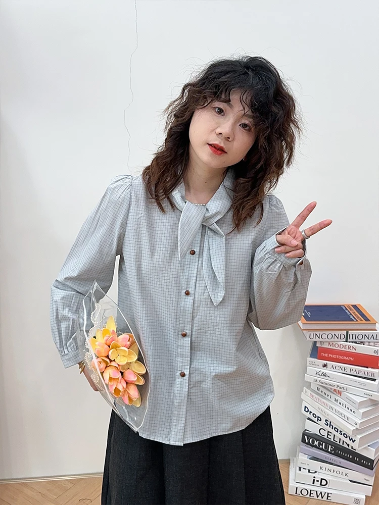 

Очаровательная рубашка в клетку с бантом в корейском стиле, свободного кроя, универсальная, на одной пуговице, осенняя, в девичьем стиле, с неподвластным времени дизайном, из смесового хлопка, с длинным рукавом