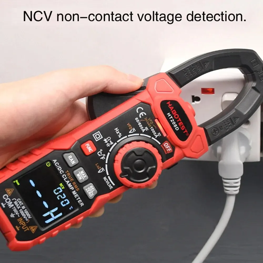 HT208D Amp Meter Clamp AC/DC, 1000A True RMS Multimeter Tester, 6000 zliczeń, z temperaturą, NCV, LPF, test napięcia i prądu