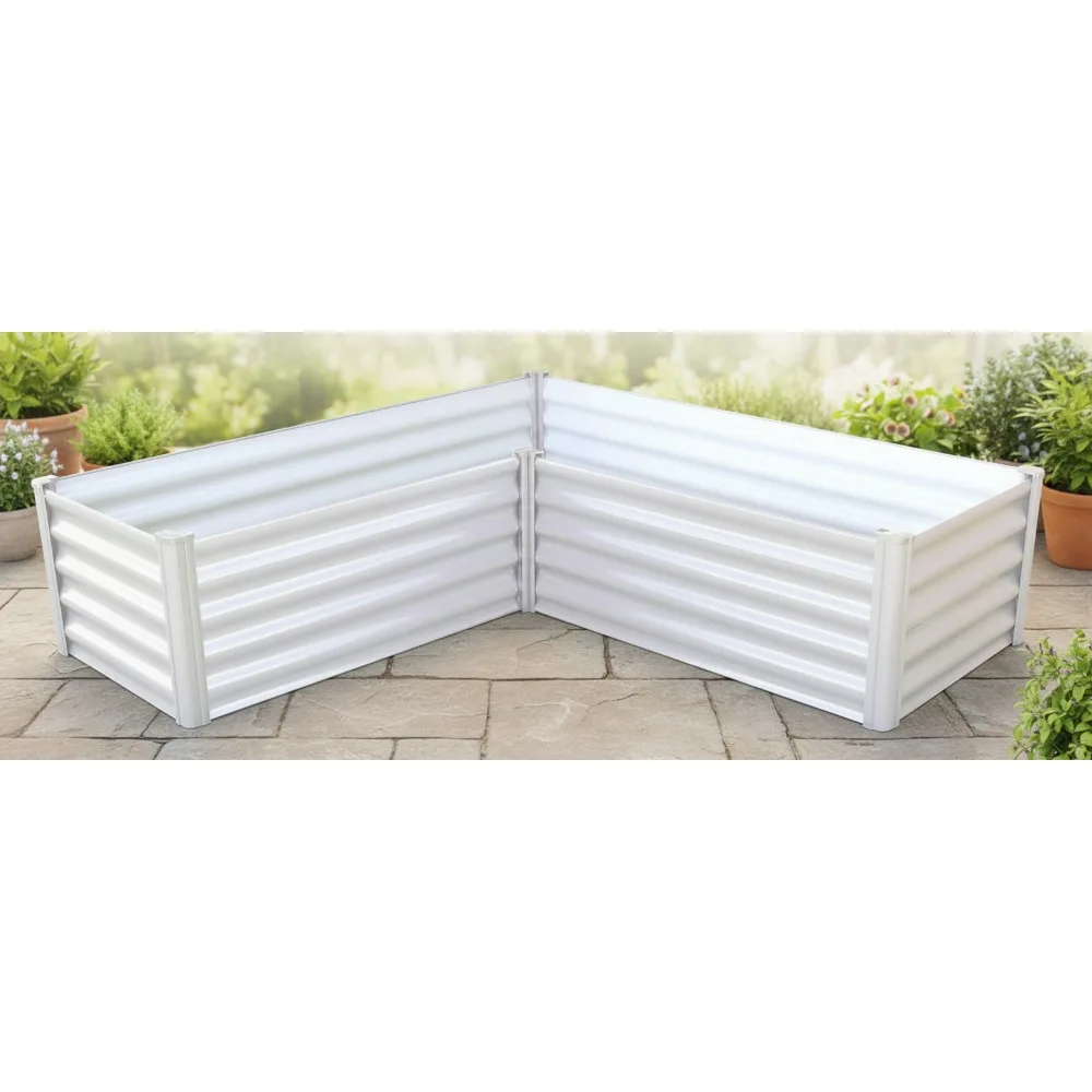 

Premium Galvanized DIY 4'x3' L-Shaped Garden Bed with Easy Assembly, Superior Drainage, Surfmist White Steel Planter Box