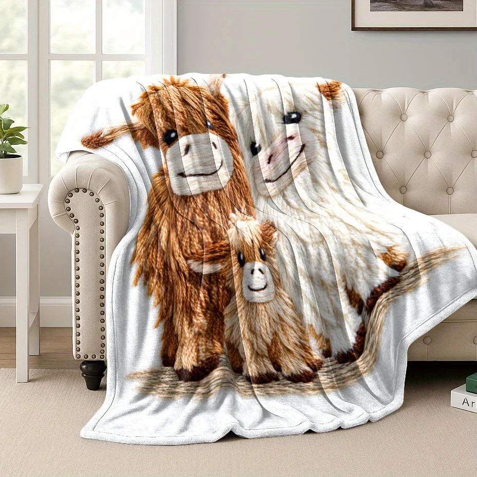Highland Cow Flannel Blanket, 2D Print Soft Warm Throw, All Season Companion for Home Travel, Machine Washable Rustic Decor