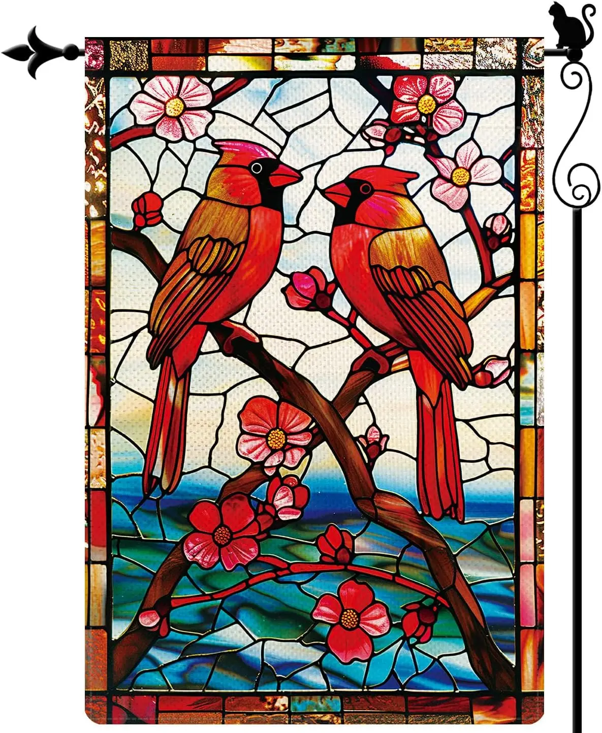 Gormcore Northwest School Inspired Stained Glass Window Cardinals in Cherry Spring Garden Flag Vertical Double Sided Spring Summ