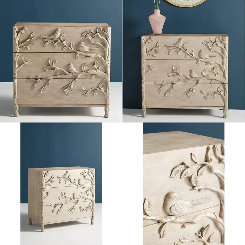 Hand Carved Solid Teak Wood Bedside Table Nightstand for Bedroom Living Room Dining Area Side Cabinet Storage Locker