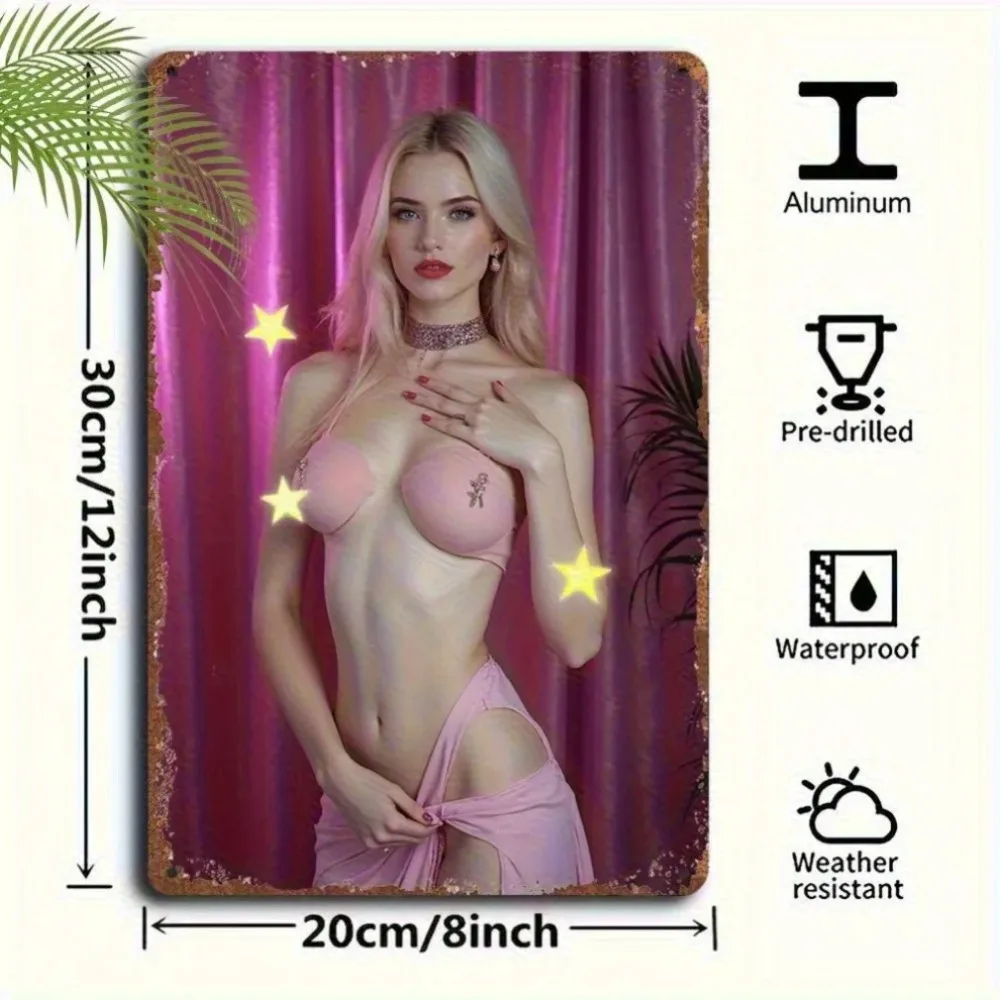 Bohemian Retro Pink Aluminum Wall Art 2D Girl Decor Wireless Easy Hang Bedroom