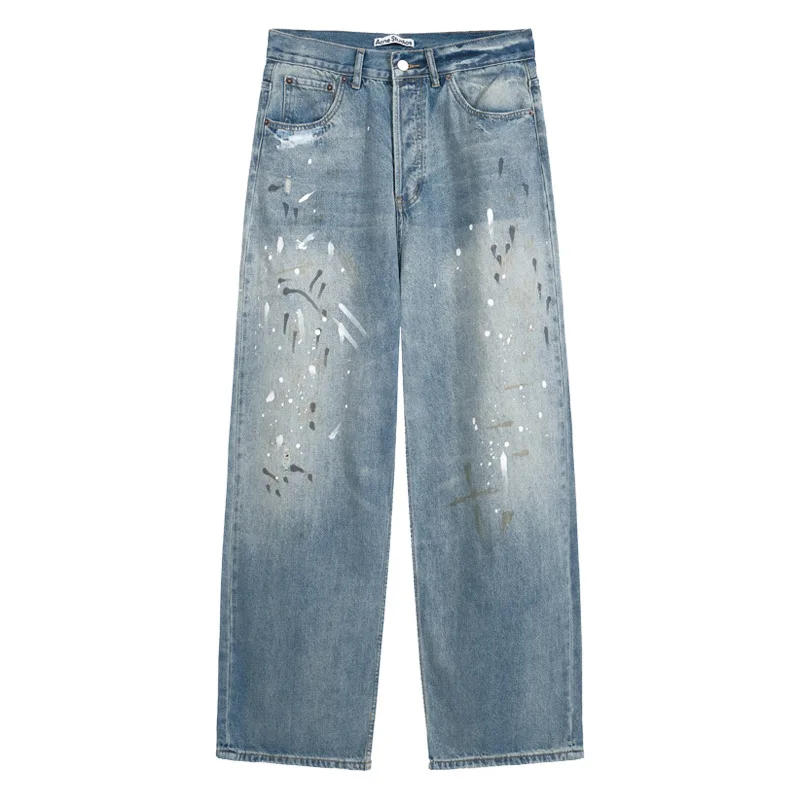 الخريف والشتاء التيار المتناوب رسمت باليد الرجال والنساء الجينز فضفاضة واسعة الساقين خفيفة الوزن غسلها محدثة النافثة للحبر السراويل عادية #5