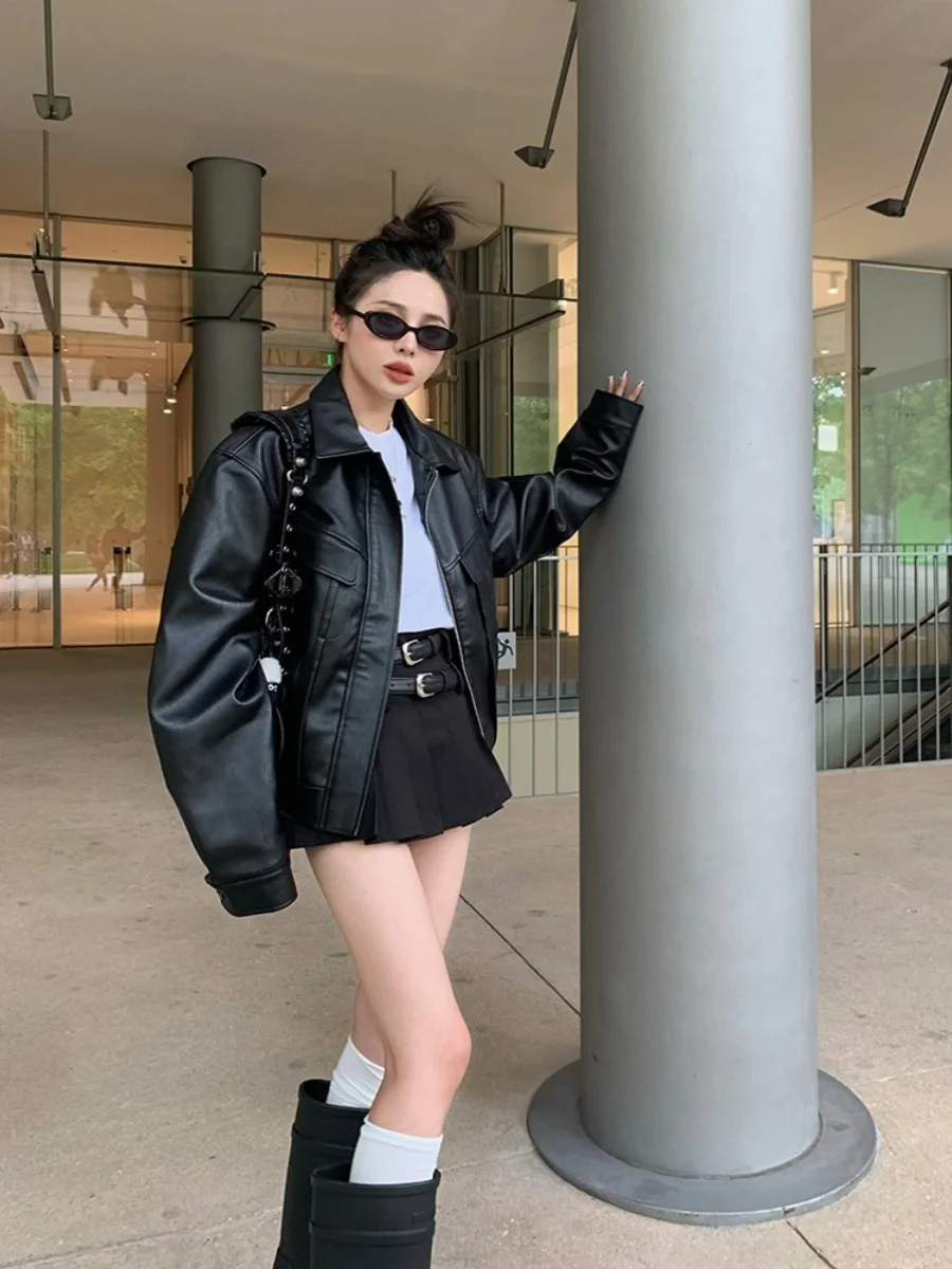 미국 레트로 스타일 짧은 가죽 재킷 여성 루즈 디자인 감각 오토바이 의류 가을 신상 PU 가죽 코트 여성 패션