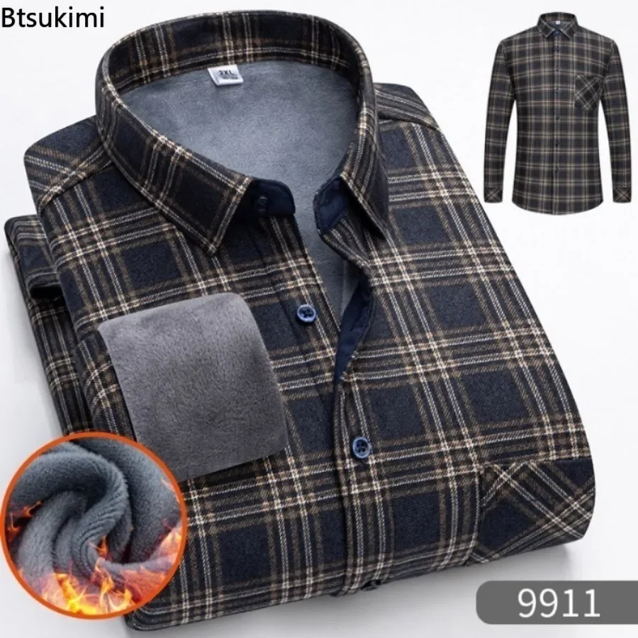 2023 Men\'s Thick Warm Long Sleeve Plaid Shirt Autumn Winter Fleece and Thick Warm Casual Shirts for Men Plus Size Plaid Shirt5XL