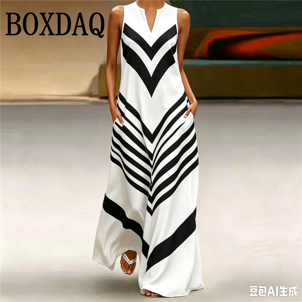 Color Blocking Striped Pattern Long Dress For Women Summer Sleeveless V-Neck Pockets Loose Casual A-Line Dress Sexy Ladies Robe