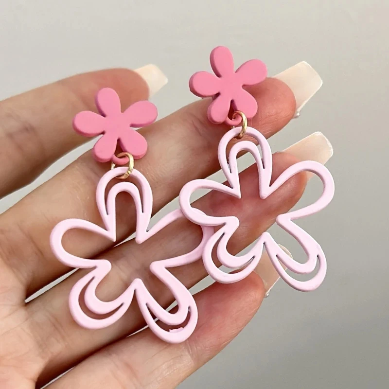 Sweet Pink Flower Women's Earrings Double-layers Hollow Floral Pendants Hanging Earrings for Female Korean New Fashion Jewelry