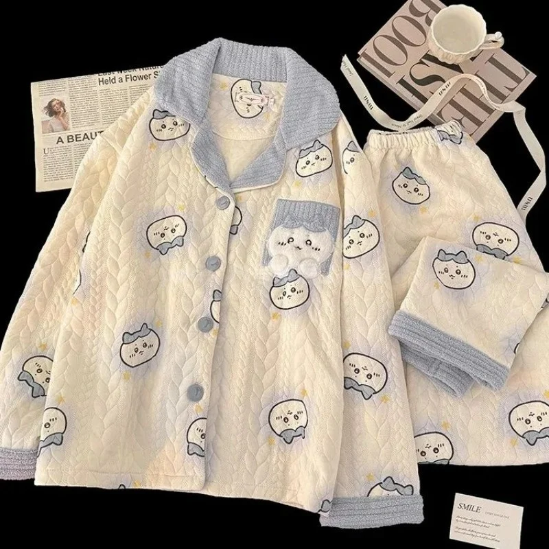 

Anime Chiikawa Hachiware Pajamas Women's Model Autumn and Winter Thicken Air Cotton Suit Lounge Clothes New Style Kawaii Niche