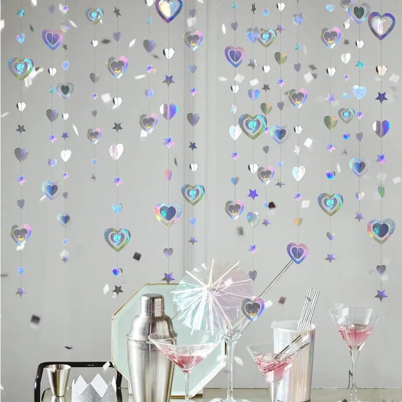 40Ft Iridescent 3D Heart Twinkle Star Garlands Holographic Paper Streamer Banner for Birthday Anniversary Wedding Party Supplies