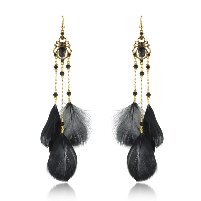 Neue Böhmische Kristall Kupfer Kette Feder Lange Tropfen Ohrringe für Frauen Retro Gypsy Ethnische Temperament Gold Farbe Schmuck Geschenk – Detail 13